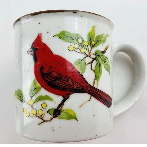 Set 2- Vintage Speckled Stoneware Red Cardinal Bird Ceramic Coffee Mugs Cups Tea - Picture 2 of 12